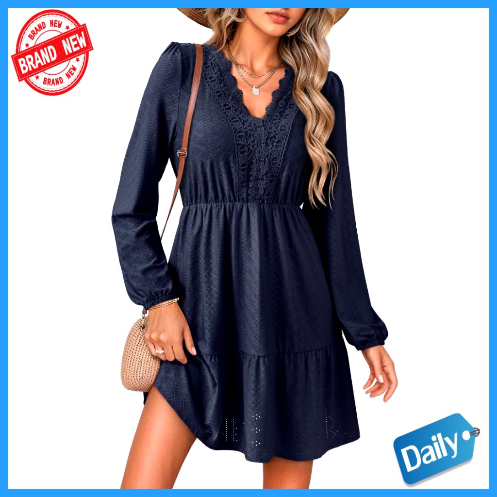 Long Sleeve V-Neck Lace A-Line Mini Dress Boho Casual Elegant